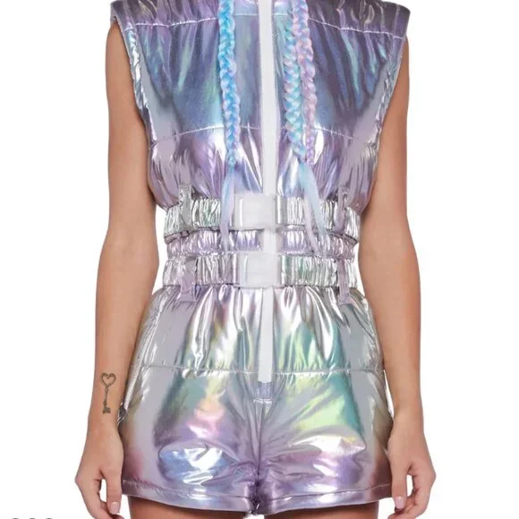 NWT Aurora Beam Holographic Snowsuit Sm Removable Sleeves Faux Fur Hood dopamine - Picture 4 of 9